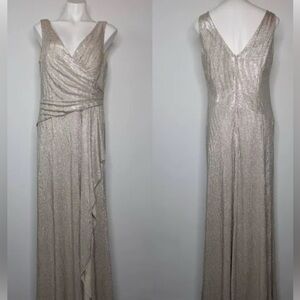NWOT Oleg Cassini champagne beige metallic faux wrap v neck maxi gown 10